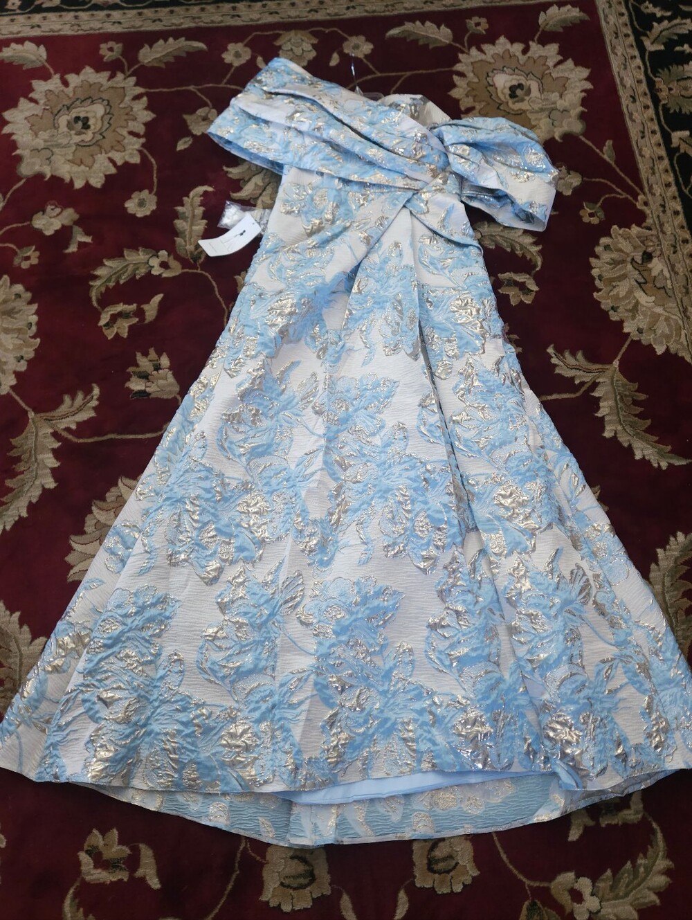 NWT Gracins Blue & Gold Jacquard One Shoulder Formal Gown A-Line Maxi Dress